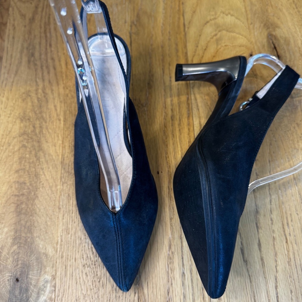 Hispanitas Women 8.5 EU 39 Black Leather Slingback Pointed Toe V-Vamp Heel Pumps